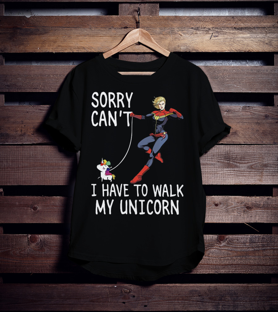 Captain Marvel Sorry Can't I Have To Walk My Unicorn T-Shirt