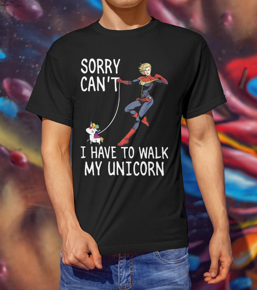 Captain Marvel Sorry Can't I Have To Walk My Unicorn T-Shirt