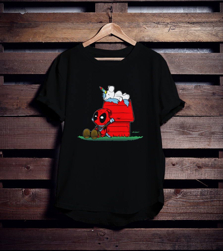Deadpool And Snoopy Unicorn Crossover On Doghouse With Red And Black Accents T-Shirt