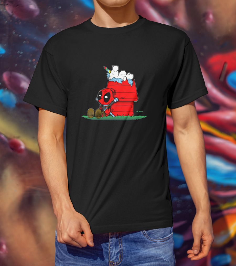 Deadpool And Snoopy Unicorn Crossover On Doghouse With Red And Black Accents T-Shirt