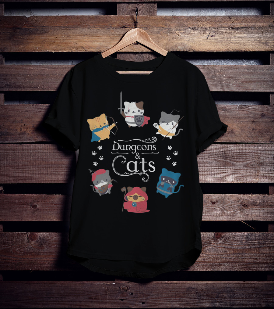 Dungeons And Cats Warrior Archer Mage Cats With Paw Prints Fantasy Adventure T-Shirt