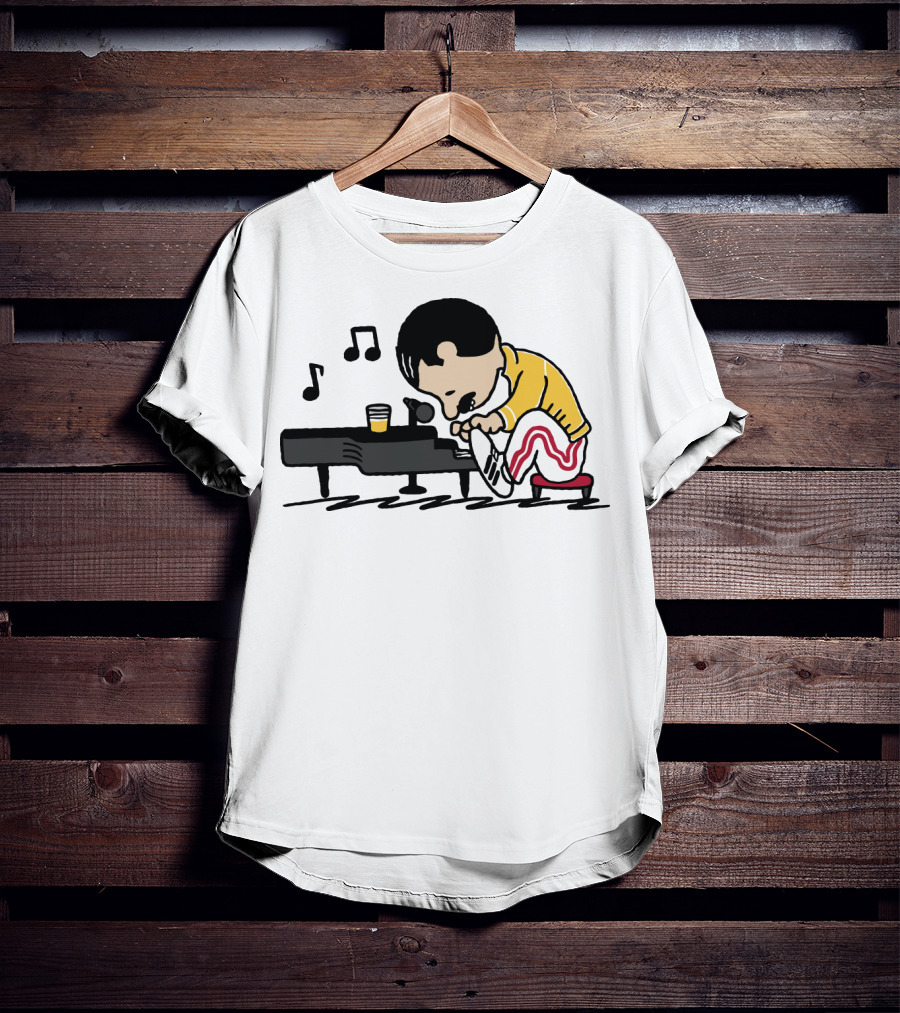 Freddie Mercury Peanuts Piano With Yellow Jacket And Red Stripe Pants T-Shirt