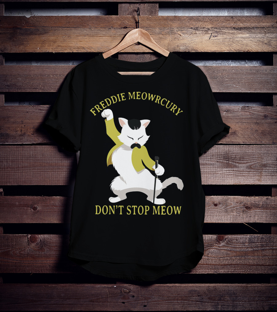 Freddie Meowrcury Don’t Stop Meow Funny Cat Parody With Iconic Pose And Yellow Jacket T-Shirt