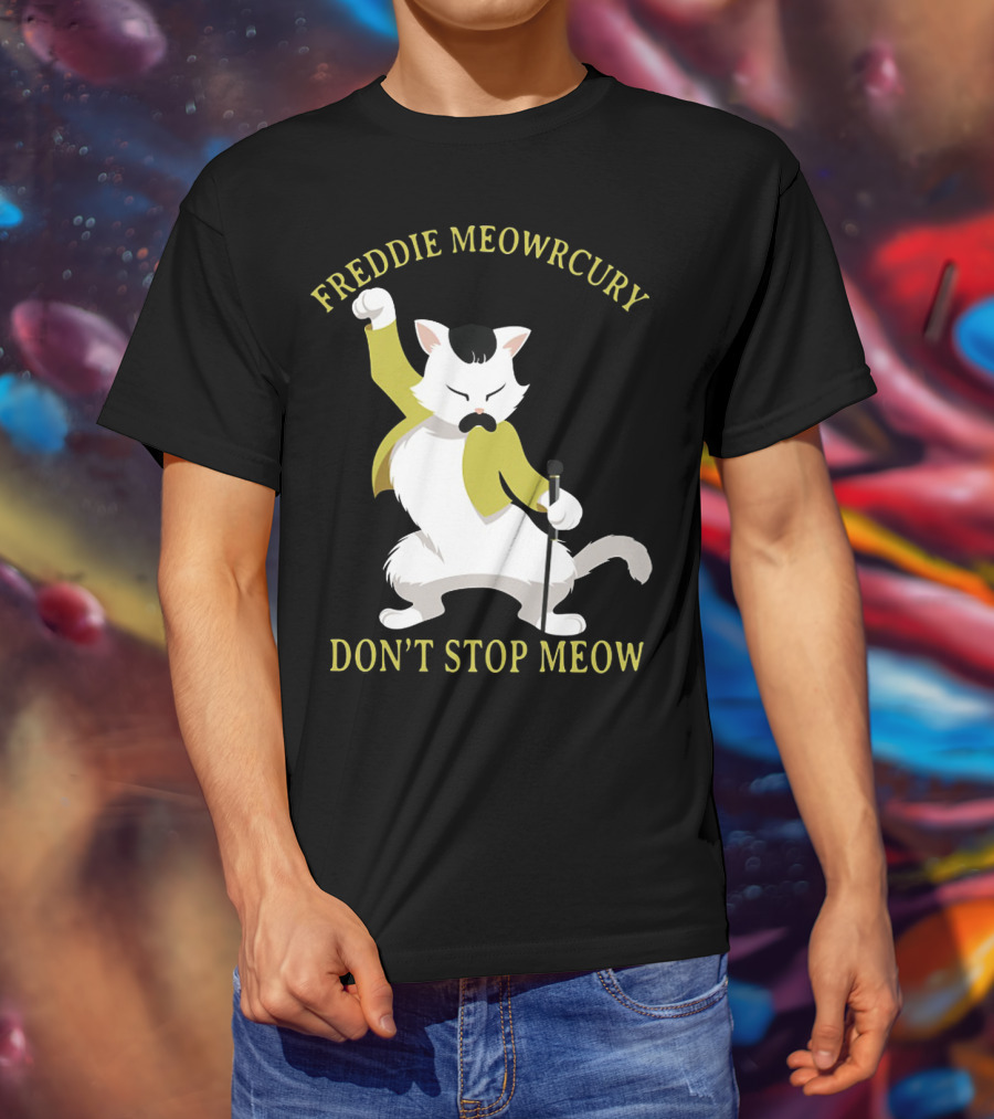 Freddie Meowrcury Don’t Stop Meow Funny Cat Parody With Iconic Pose And Yellow Jacket T-Shirt