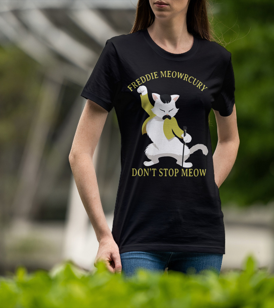 Freddie Meowrcury Don’t Stop Meow Funny Cat Parody With Iconic Pose And Yellow Jacket T-Shirt
