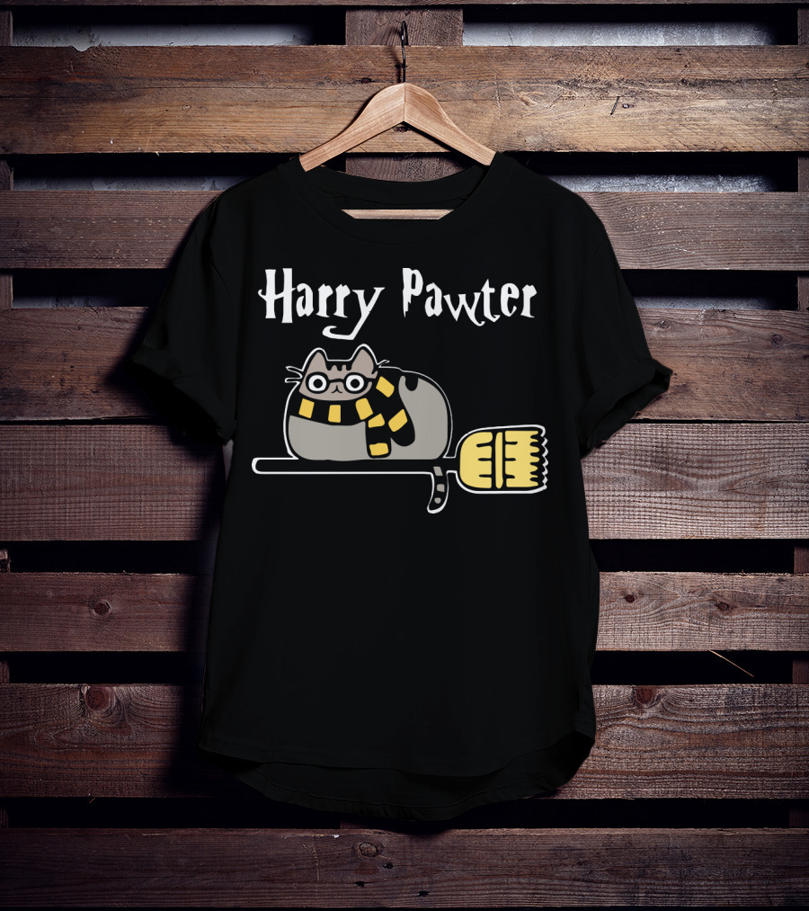 Harry Pawter Pusheen Cat On Broom With Scarf T-Shirt