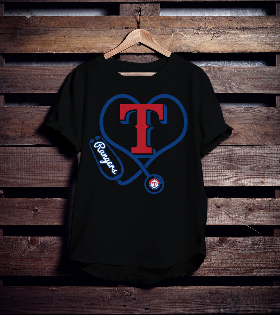 Nurse Heartbeat Texas Rangers Fans T Logo Stethoscope T-Shirt