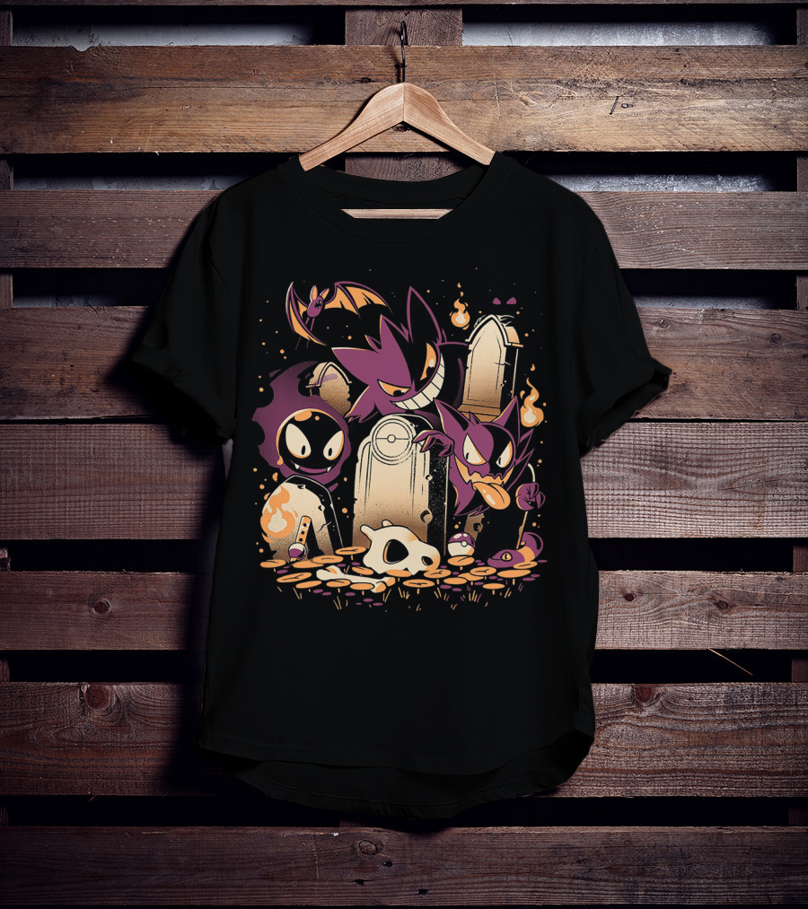 Pokemon Gastly Haunter Gengar Spooky Graveyard Scene With Fire And Skull T-Shirt