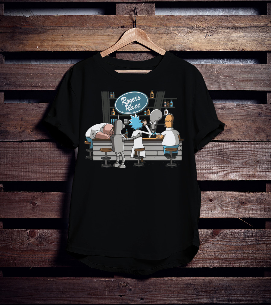 Rick And Morty Meets Roger American Dad Bar Scene Featuring Iconic Characters At Roger's Place T-Shirt
