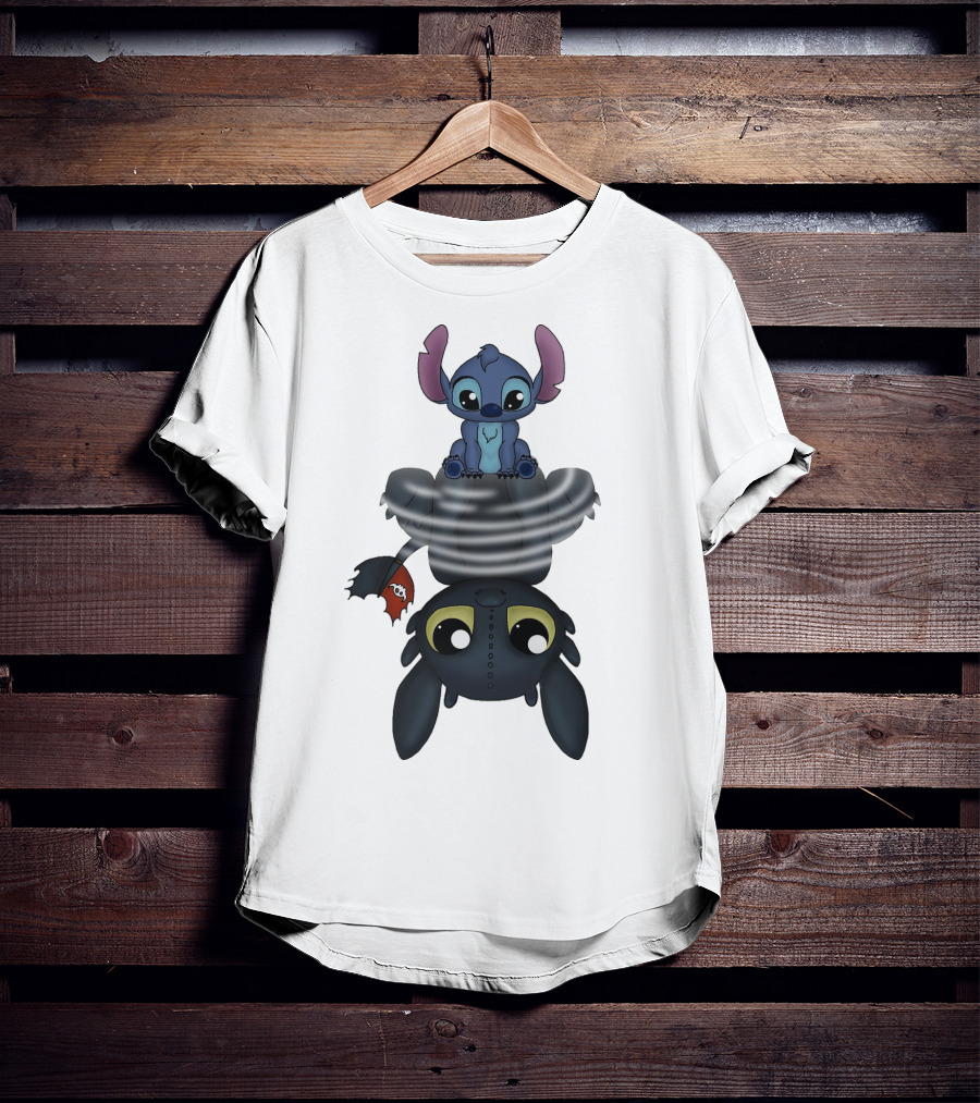 Stitch Sitting On Toothless Animation Crossover T-Shirt