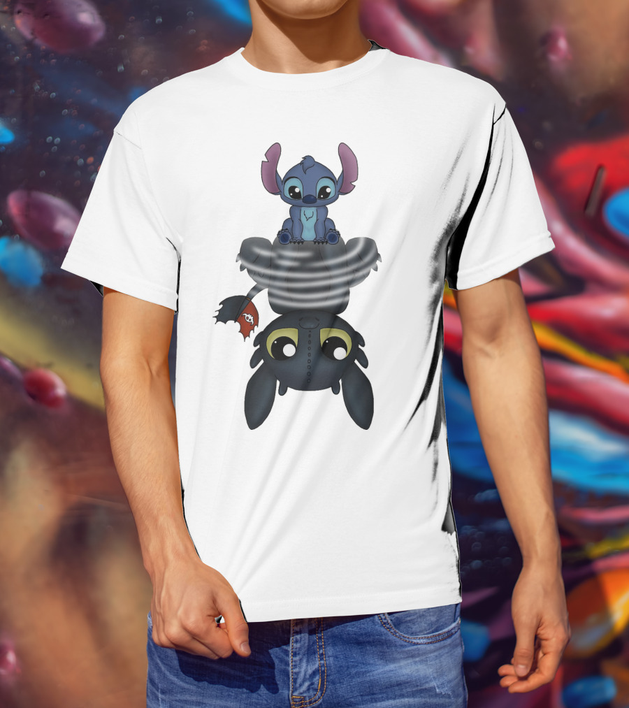 Stitch Sitting On Toothless Animation Crossover T-Shirt