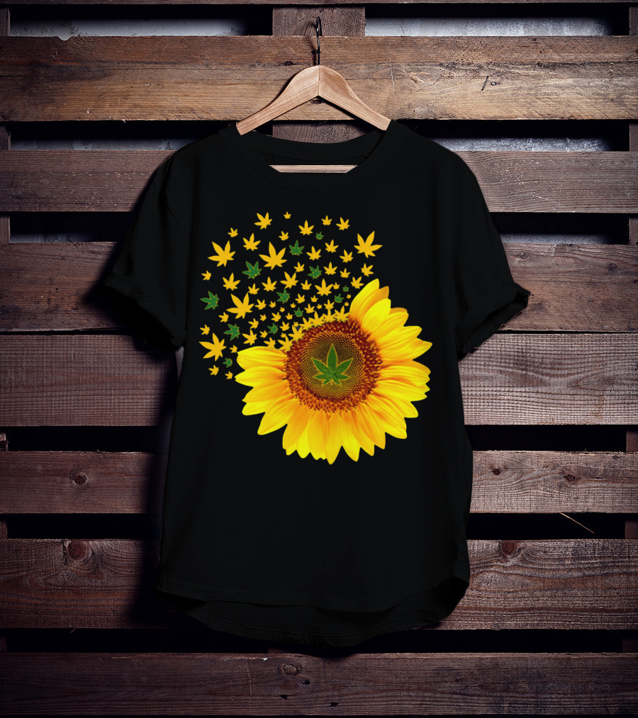 Sunflower With Dispersing Yellow And Green Weed Leaves T-Shirt