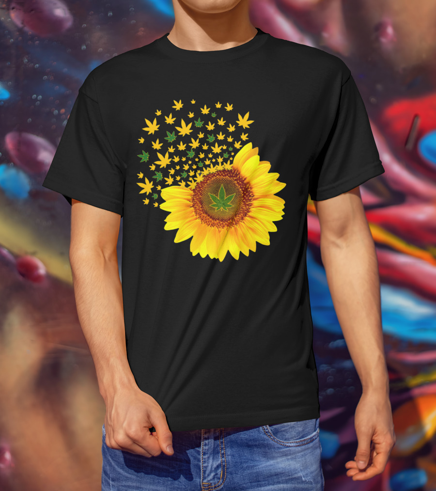 Sunflower With Dispersing Yellow And Green Weed Leaves T-Shirt