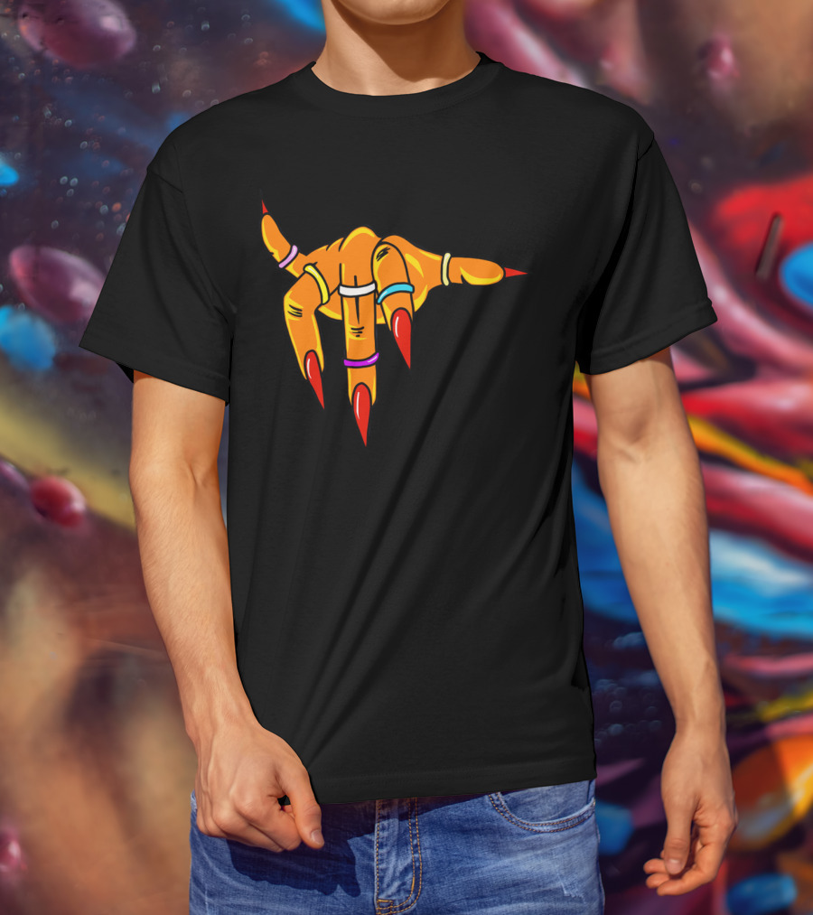 Neon Clawed Hand With Colored Rings Girl Gauntlet T-Shirt