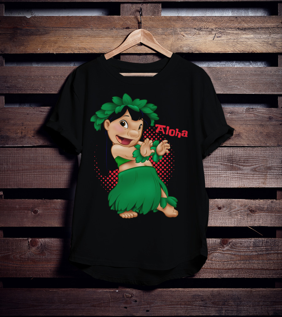 Lilo And Stitch Aloha Lilo Green Hula Dance With Red Polka Dot Background T-Shirt