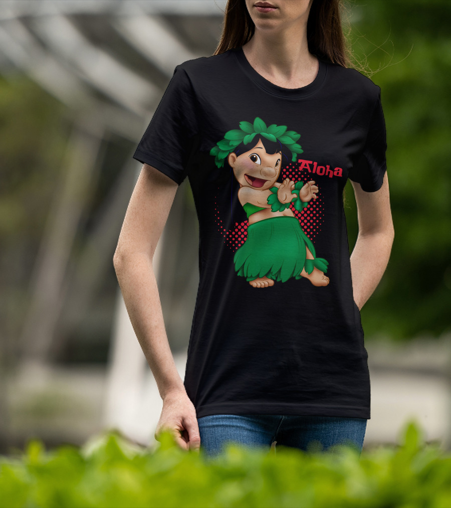 Lilo And Stitch Aloha Lilo Green Hula Dance With Red Polka Dot Background T-Shirt