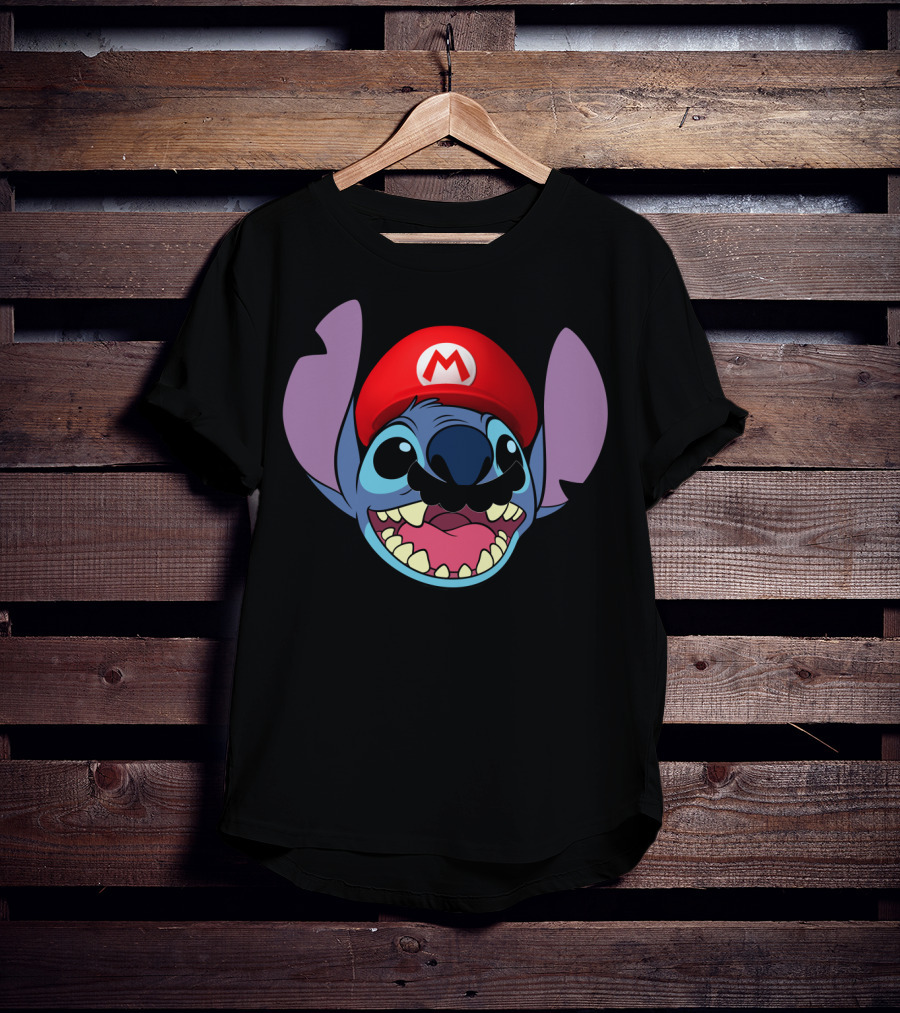 Stitch Wearing Mario Hat And Mustache Cartoon Crossover T-Shirt