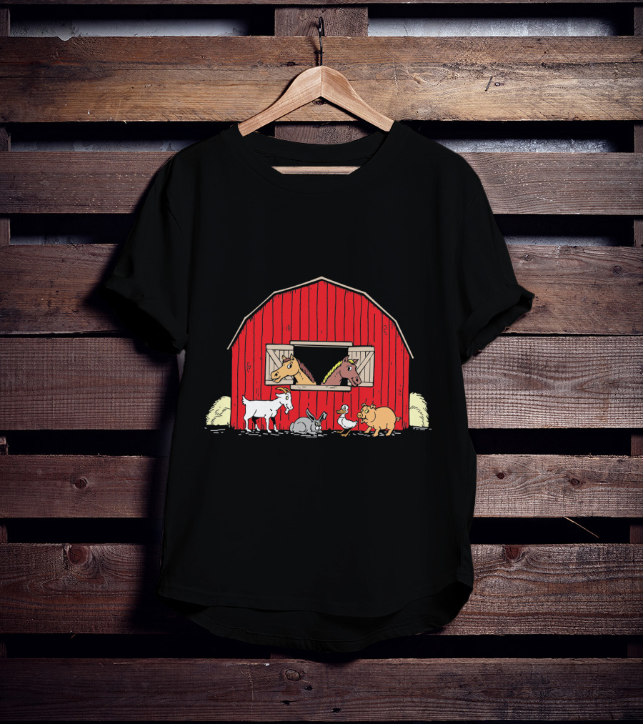 Barnyard Animals Red Barn Horses Pig Goat Duck Scene T-Shirt