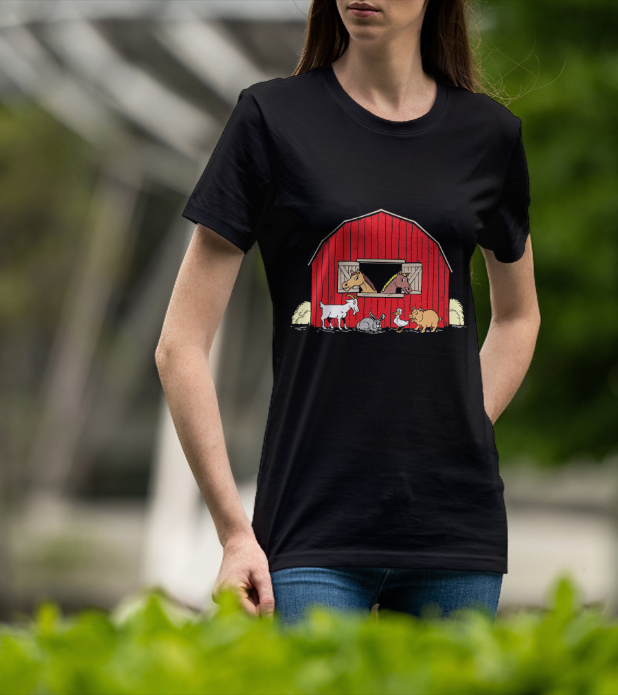 Barnyard Animals Red Barn Horses Pig Goat Duck Scene T-Shirt