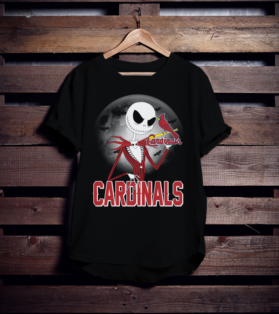 Cardinals Jack Skeleton Halloween St. Louis Cardinals Logo Moon Background T-Shirt