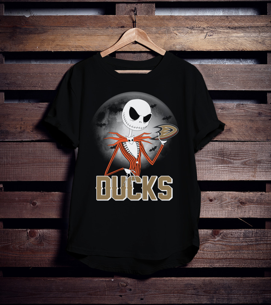 Jack Skellington Anaheim Ducks Halloween Moon And Bats T-Shirt