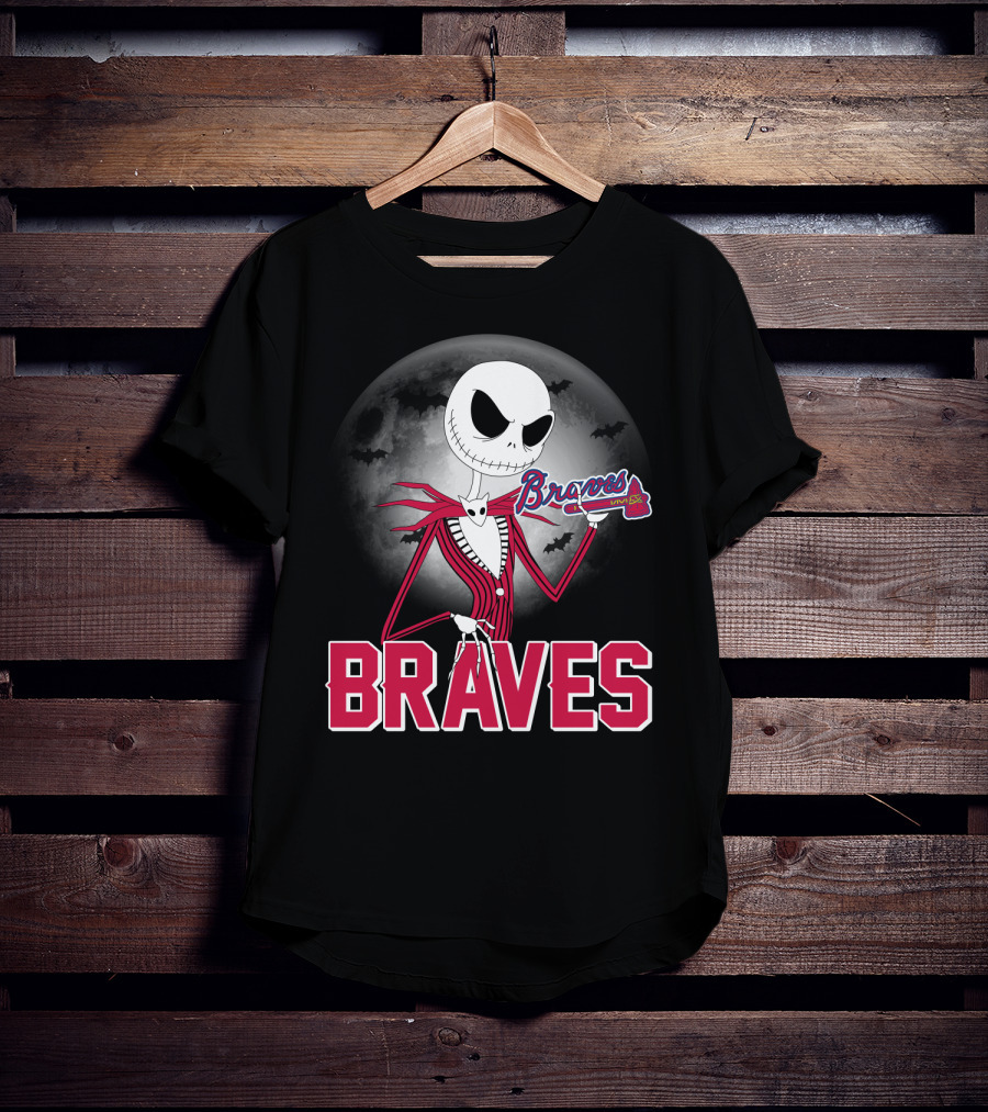 Jack Skellington Braves Halloween With Atlanta Baseball Moon And Bats T-Shirt