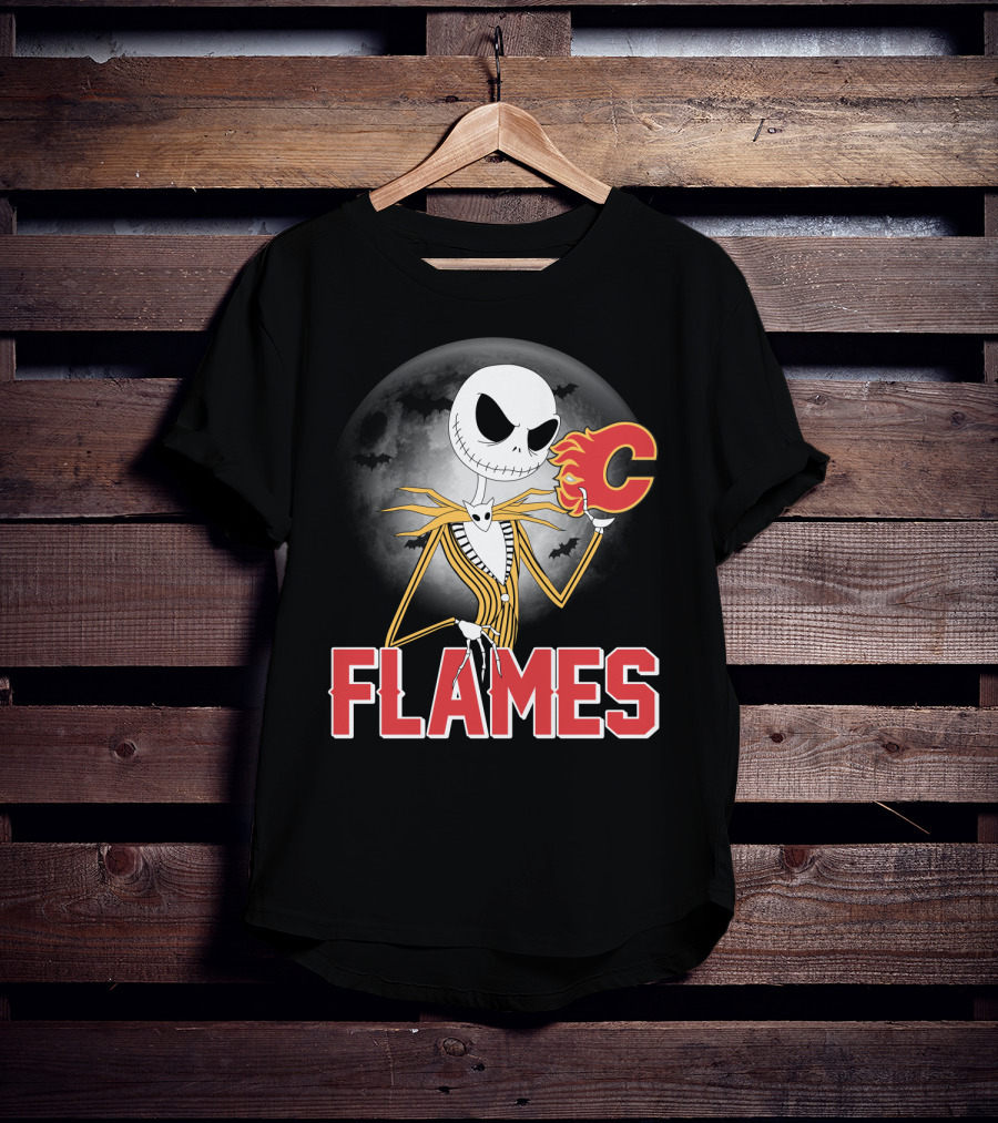 Jack Skellington Flames Halloween Calgary Hockey Crossover T-Shirt