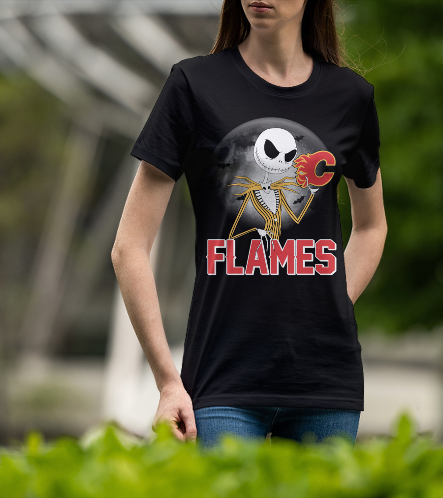 Jack Skellington Flames Halloween Calgary Hockey Crossover T-Shirt