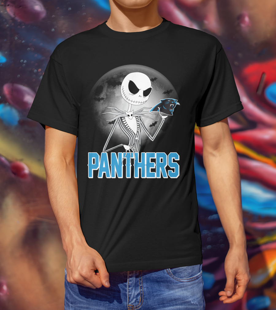 Jack Skellington Panthers Halloween Carolina Panthers Logo Moon Bats T-Shirt