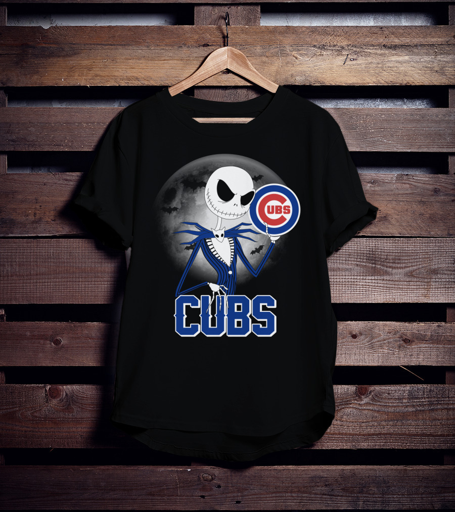 Jack Skellington Halloween Cubs Logo Fans With Full Moon And Bats T-Shirt