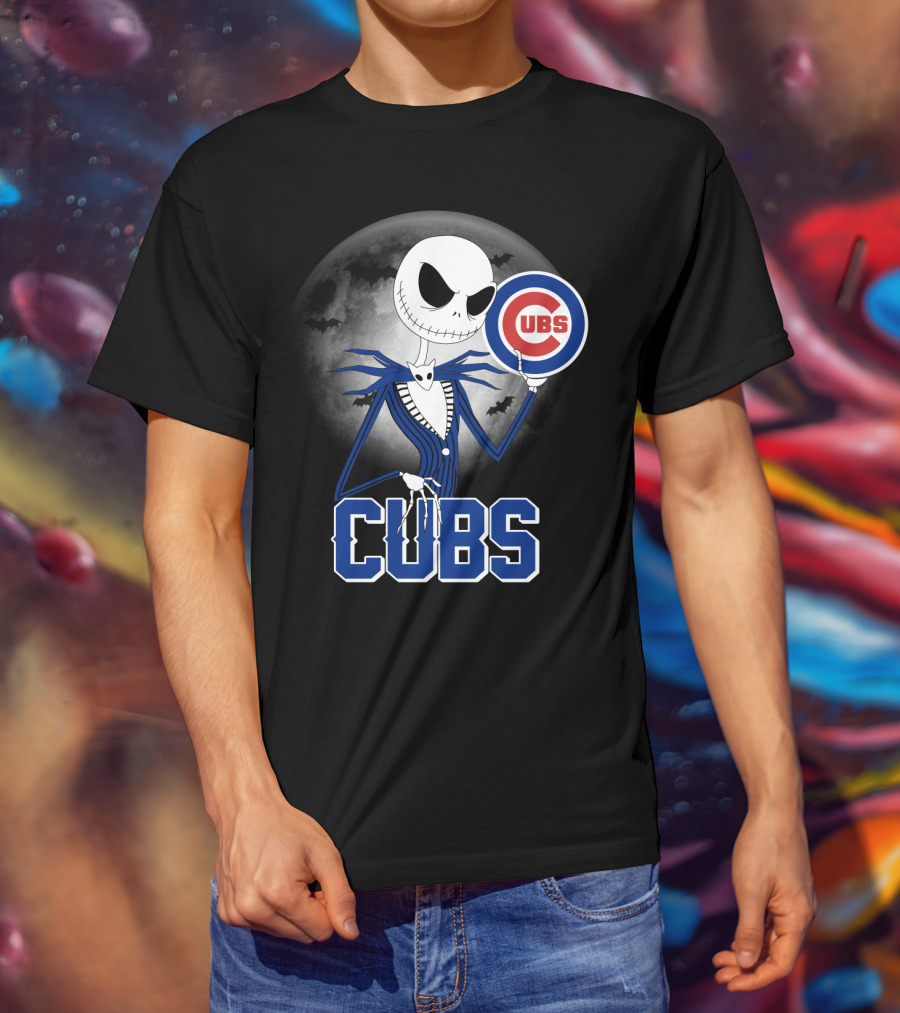 Jack Skellington Halloween Cubs Logo Fans With Full Moon And Bats T-Shirt