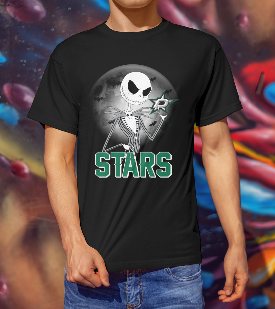 Jack Skellington Dallas Stars Halloween Moon Background Fan T-Shirt