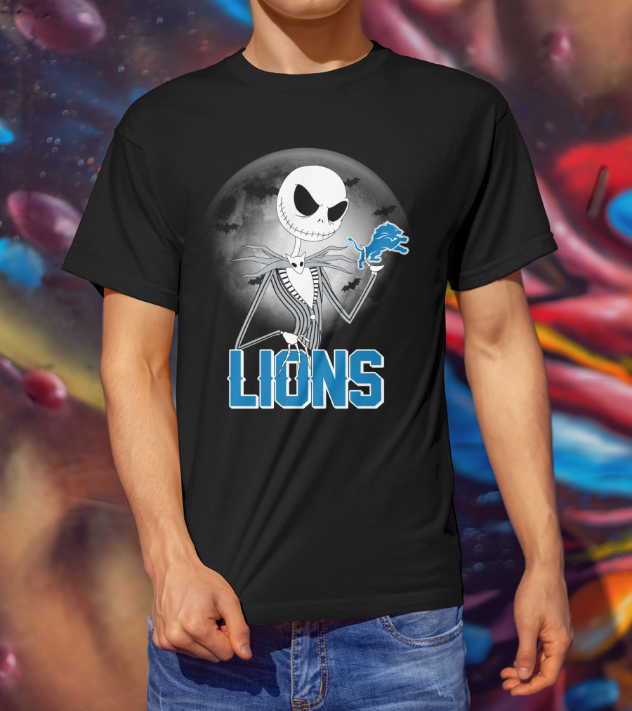 Jack Skellington Detroit Lions Halloween Night Full Moon Bats T-Shirt