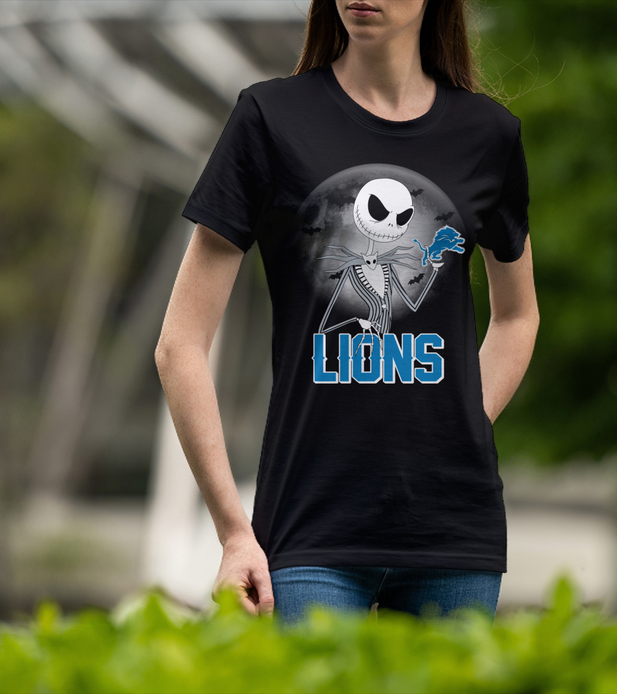 Jack Skellington Detroit Lions Halloween Night Full Moon Bats T-Shirt
