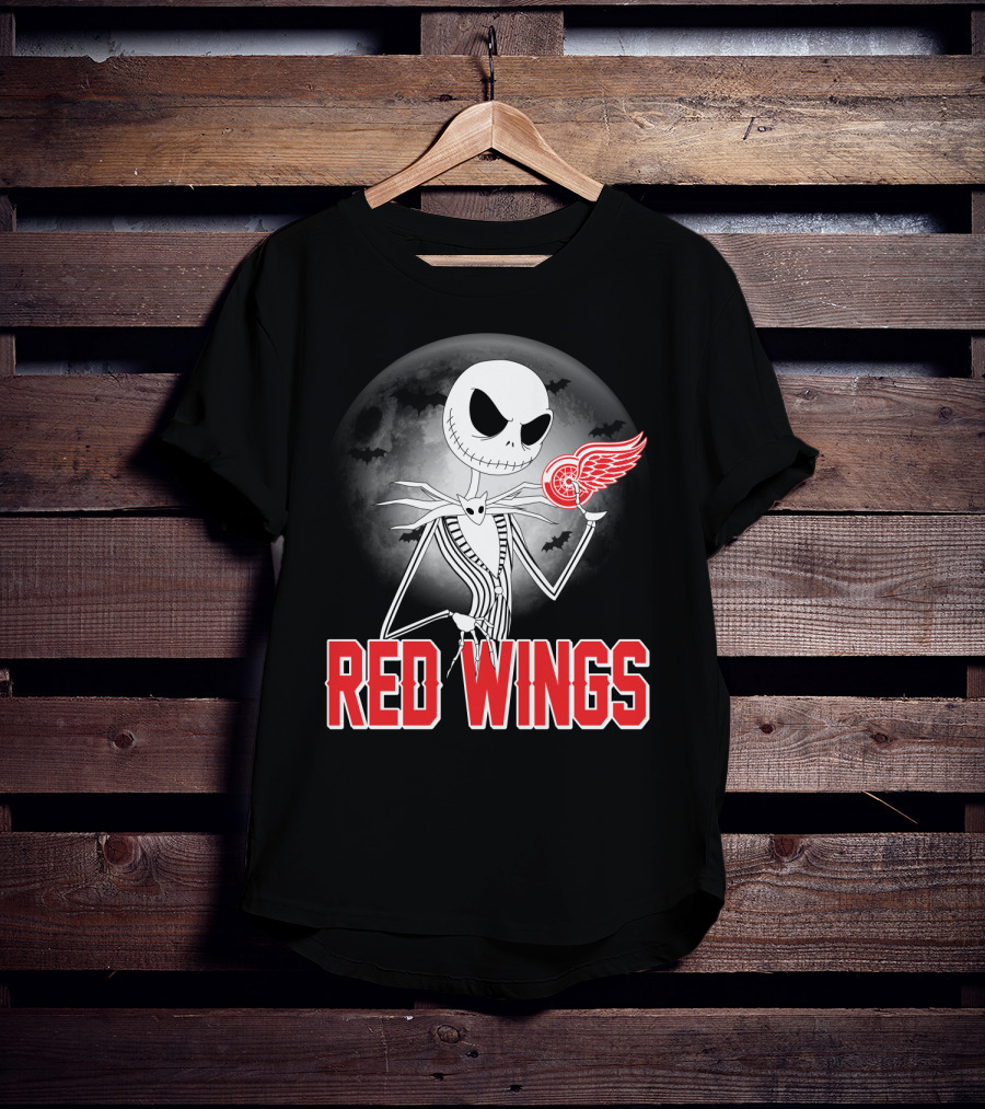 Jack Skellington Holding Detroit Red Wings Symbol In Halloween Moonlit Scene T-Shirt