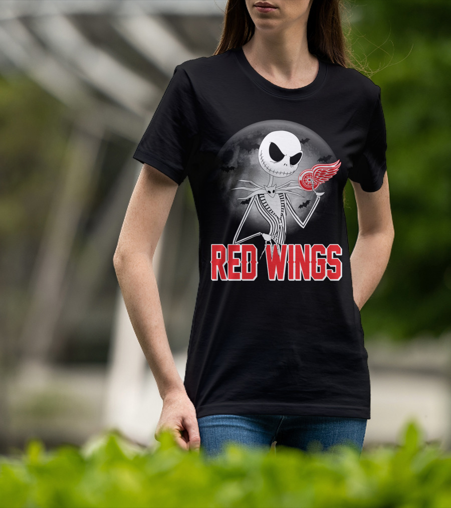 Jack Skellington Holding Detroit Red Wings Symbol In Halloween Moonlit Scene T-Shirt
