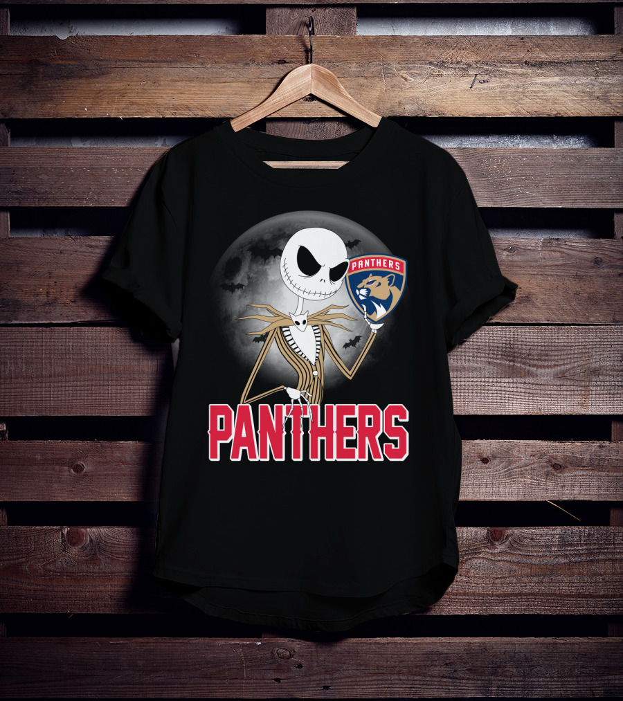 Jack Skellington Holding Florida Panthers Logo Halloween Moon Background T-Shirt