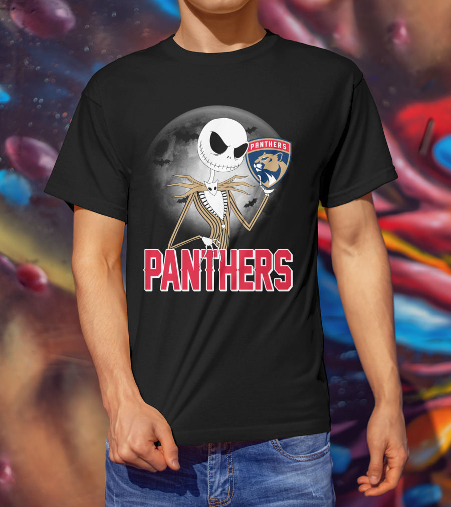 Jack Skellington Holding Florida Panthers Logo Halloween Moon Background T-Shirt