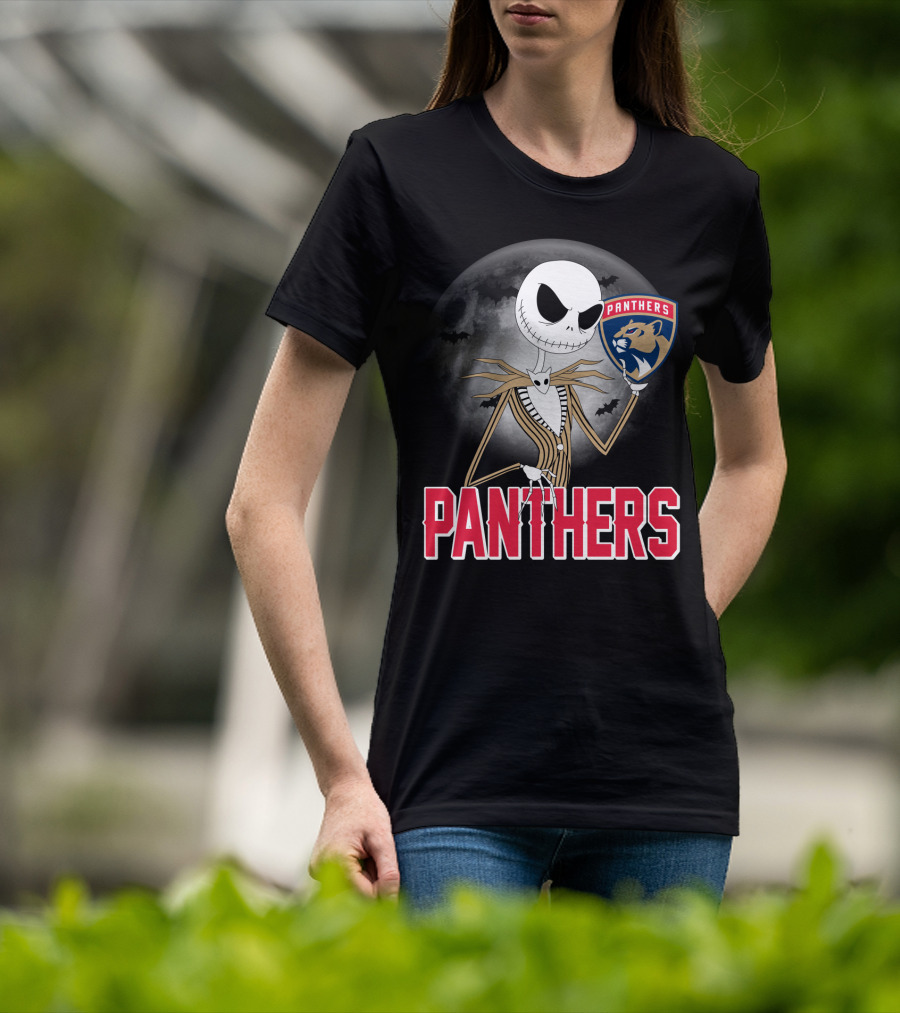 Jack Skellington Holding Florida Panthers Logo Halloween Moon Background T-Shirt