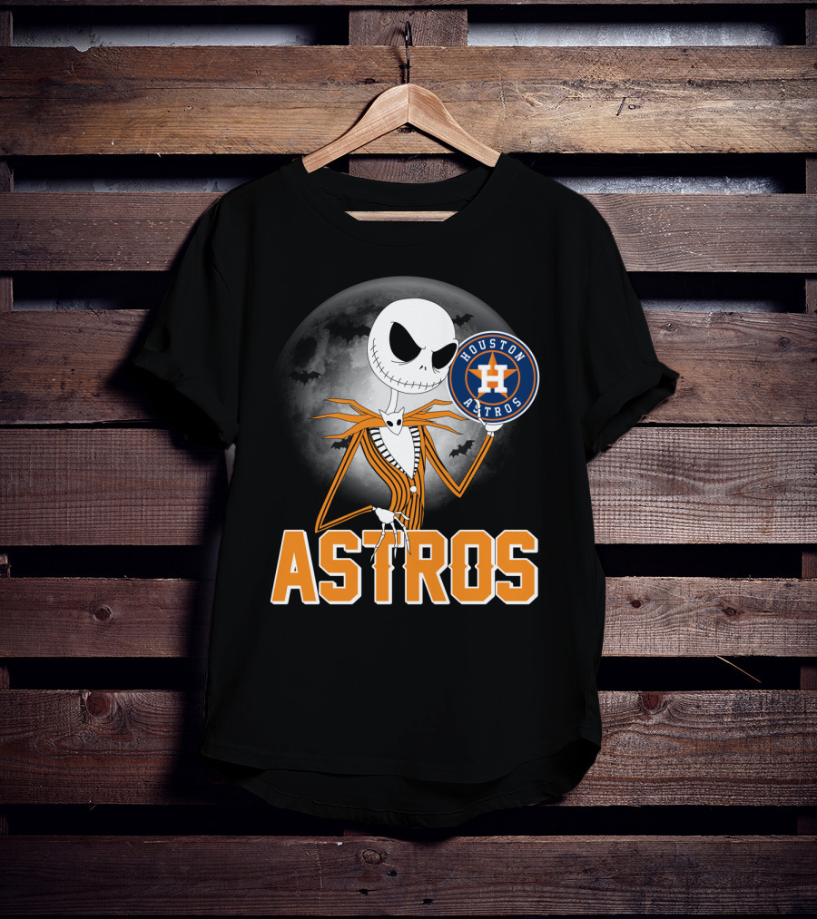 Jack Skellington Holding Houston Astros Logo With Halloween Bats T-Shirt
