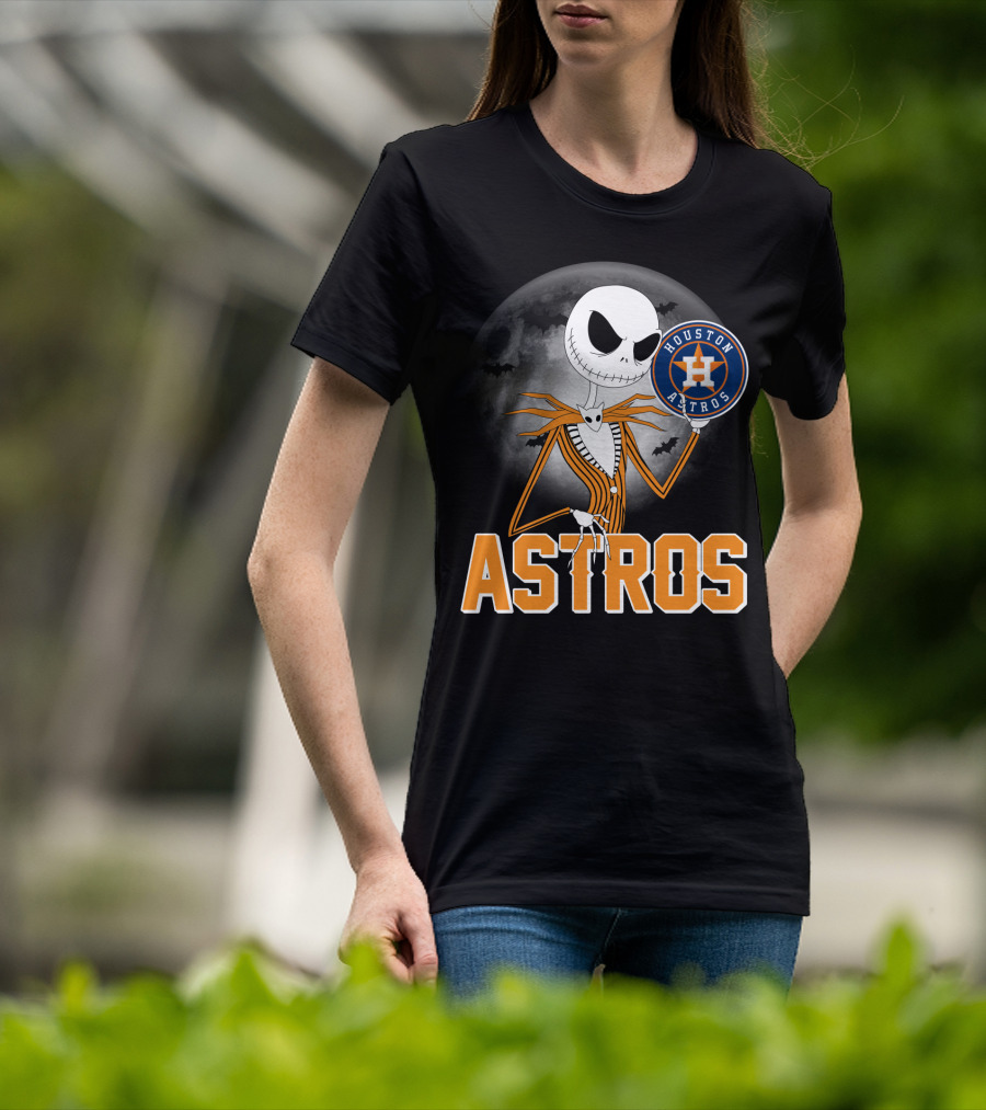 Jack Skellington Holding Houston Astros Logo With Halloween Bats T-Shirt