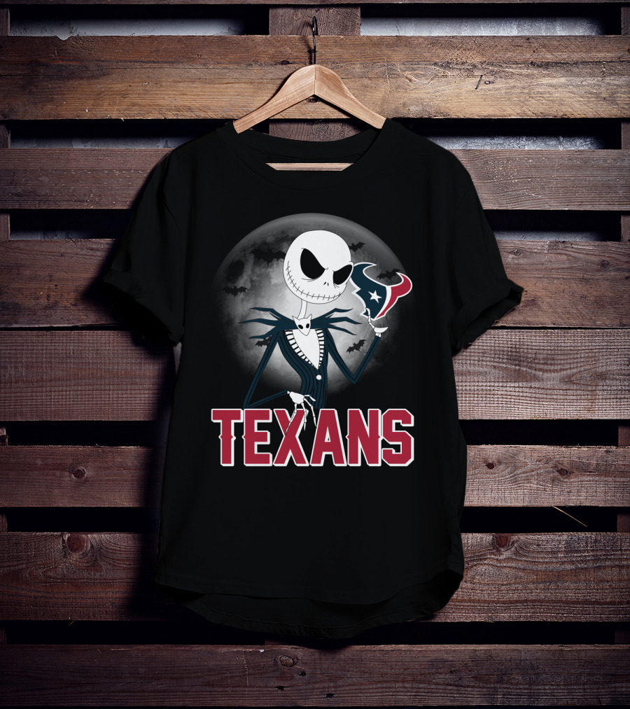 Jack Skellington Holding Houston Texans Logo With Moon And Bats T-Shirt