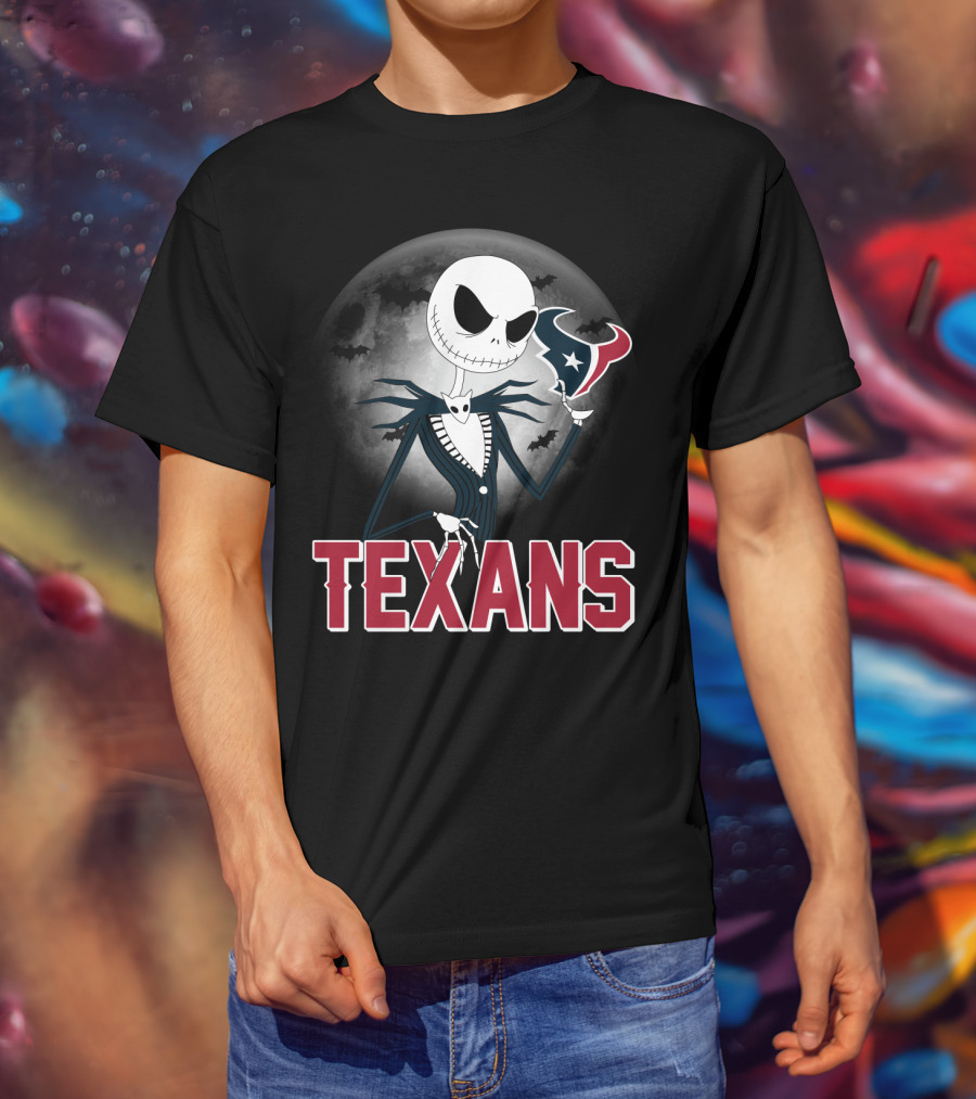 Jack Skellington Holding Houston Texans Logo With Moon And Bats T-Shirt