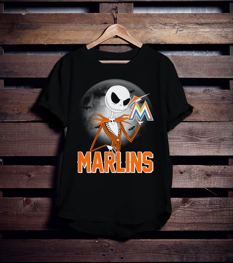 Jack Skellington Miami Marlins Halloween Moon Bat T-Shirt