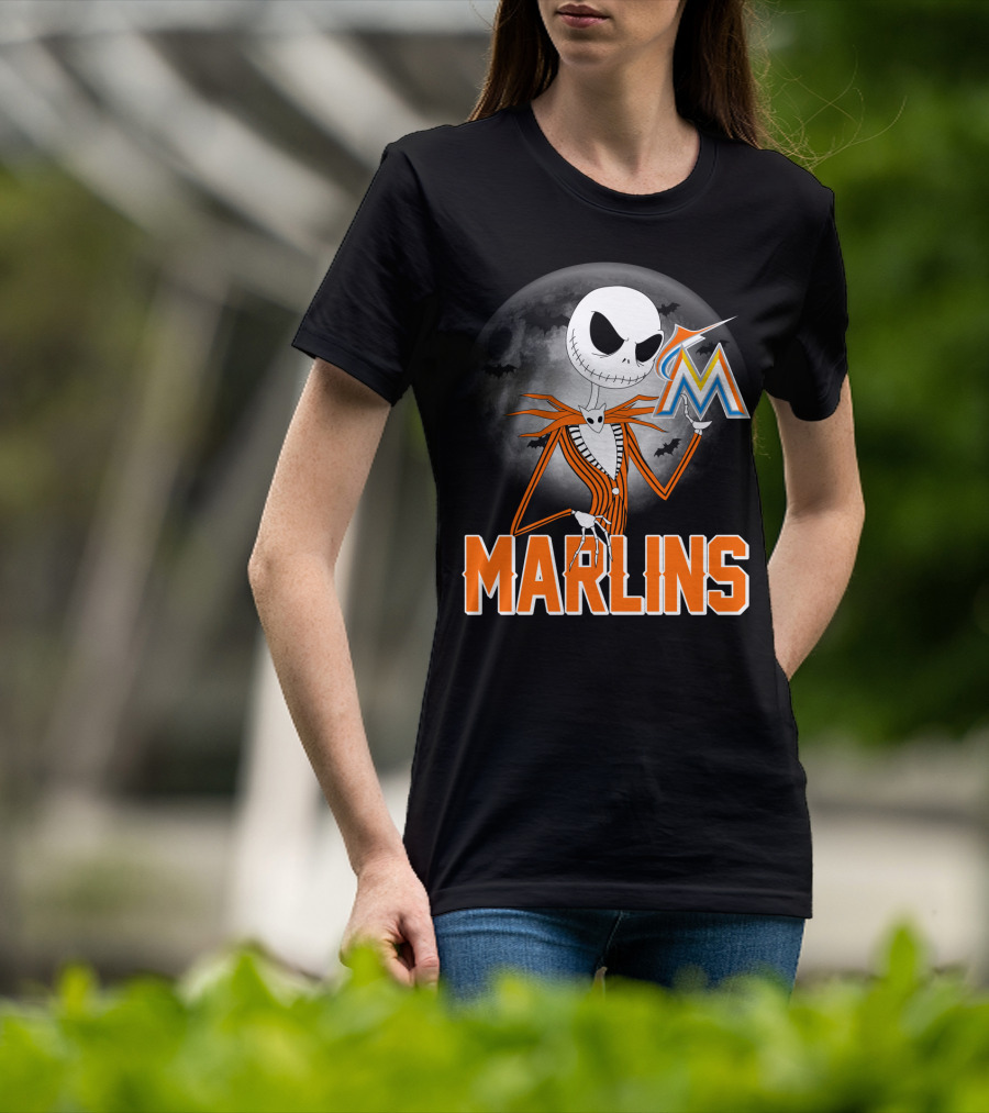 Jack Skellington Miami Marlins Halloween Moon Bat T-Shirt