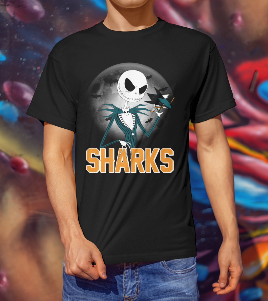 Jack Skellington San Jose Sharks Halloween Moon Background T-Shirt