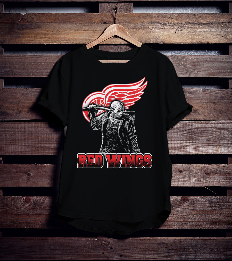 Jason Voorhees With Hockey Mask And Machete In Front Of Detroit Red Wings Logo Text Red Wings T-Shirt