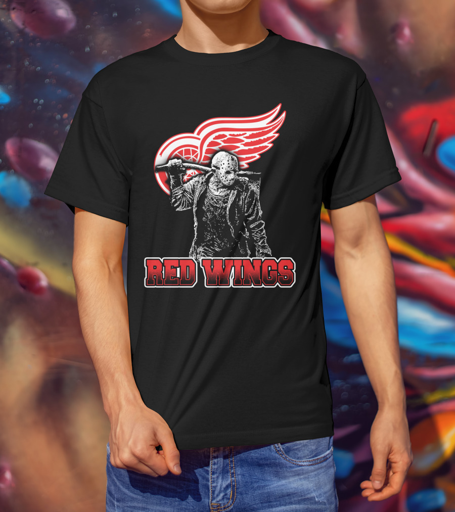 Jason Voorhees With Hockey Mask And Machete In Front Of Detroit Red Wings Logo Text Red Wings T-Shirt