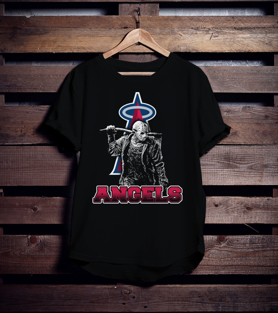 Jason Voorhees With Baseball Bat And Los Angeles Angels Logo Featuring Bold Angels Text T-Shirt