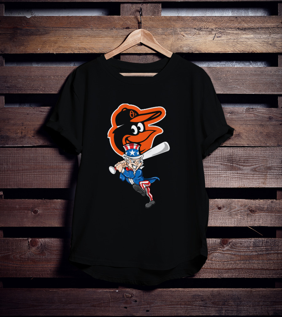 Uncle Sam Swinging Baseball Bat With Baltimore Orioles Logo For 4Th Of July Celebration T-Shirt